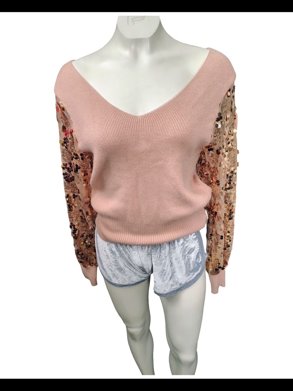 Blush Pink V-Neck Sweater with Sequin Sheer Sleeves